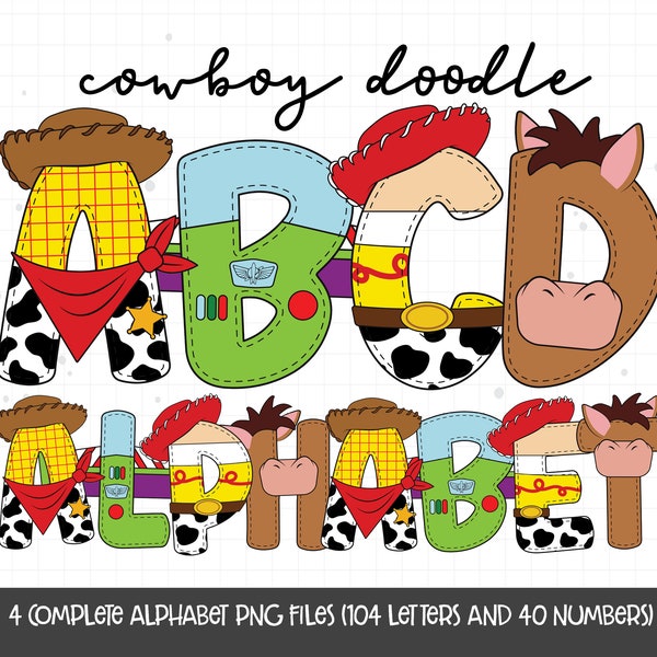 Cowboy Doodle Letters, Cowboy Alphabet, Cartoon Alphabet Sublimation Clipart PNG, Cute Toy Letters PNG, Digital Download