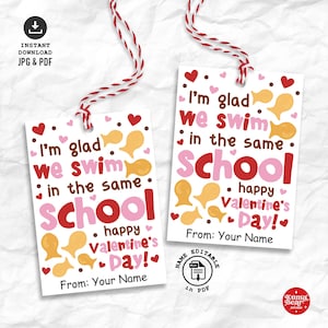May include: Two white Valentine's Day gift tags with red and white twine. The tags have the text "I'm glad we swim in the same school" in pink and red, with fish and heart illustrations. The tags also say "Happy Valentine's Day!"