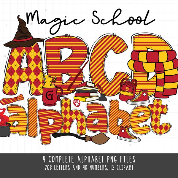 Magic School PNG, Wizard School Clipart, Doodle Alphabet PNG, Halloween Clipart, Witch and Wizard Supply, Magic Wizard Letters & Numbers