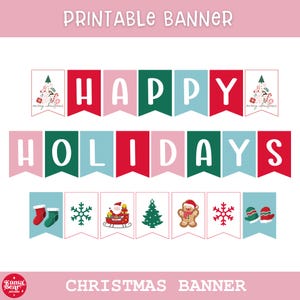 Happy Holidays Printable Banner, Festive Christmas Bunting, Xmas Party Decor, Snowflakes Garland, Instant Download