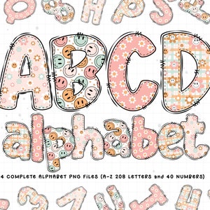 Smiley PNG, groovy Smiley Alphabet, Retro rosa Smiley Alphabet Buchstaben PNG Bundle, Gänseblümchen Smiley PNG Alphabet Sublimation