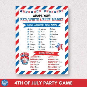 May include: A printable party game sheet titled What's Your Red, White & Blue Name? featuring a red, white, and blue striped border, a gnome illustration, and a list matching first letters and birth months to specific patriotic color names.