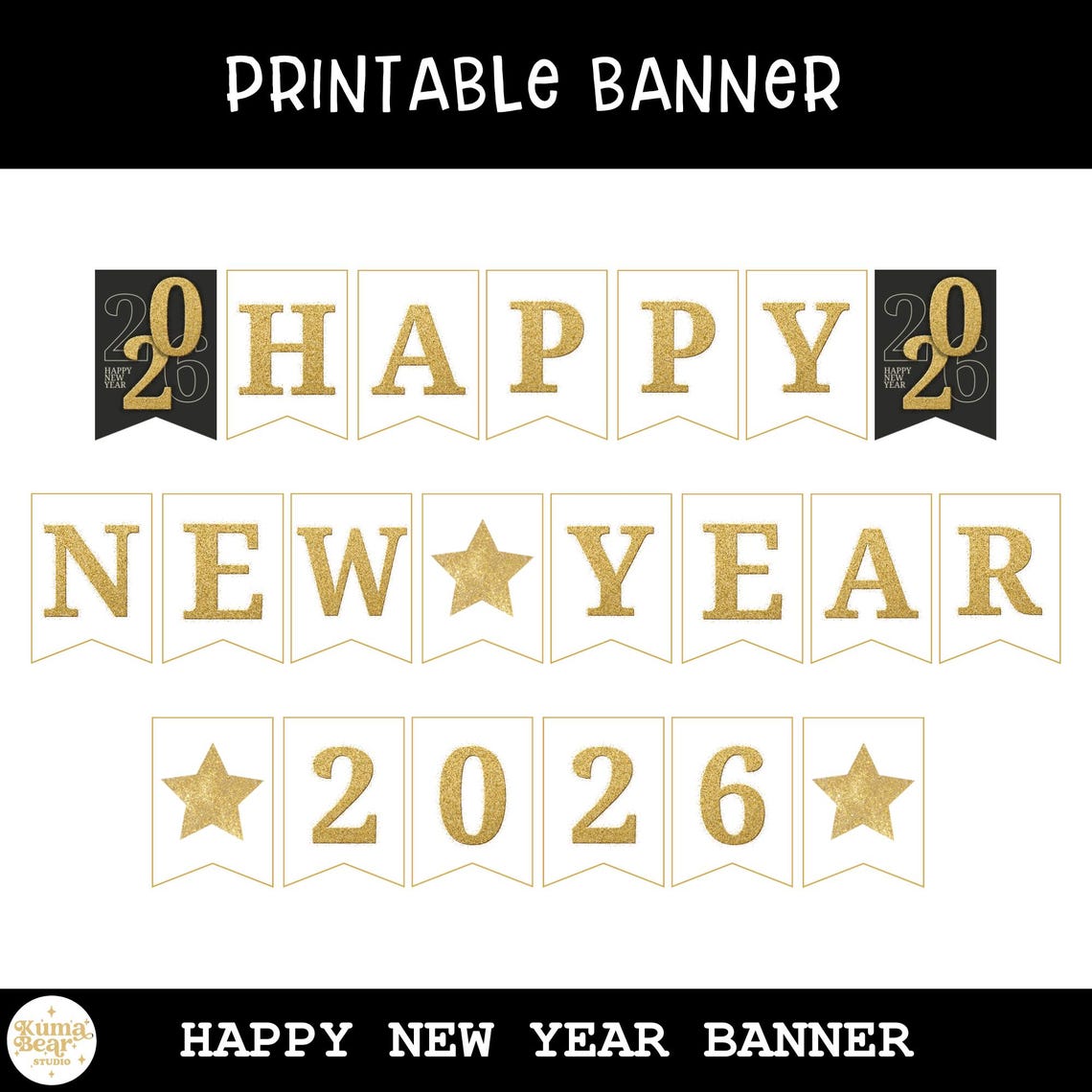 Happy New Year 2026 Banner Printable, Gold Glitter Pennant Garland ...