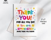 Thank You Card Printable, Employee Coworker Teacher Staff Appreciation Greeting Card (Digital Download)