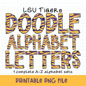 Tiger Alphabet Letters, Fighting Tigers Doodle Font PNG, Purple and Gold Alphabet Clipart, Football Letters & Numbers Hand Drawn Doodles