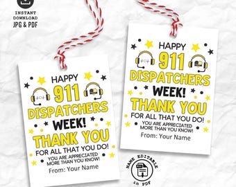 911 Dispatcher's Week Tags Editable, Printable Public Safety Telecommunicators Appreciation Gift Favor