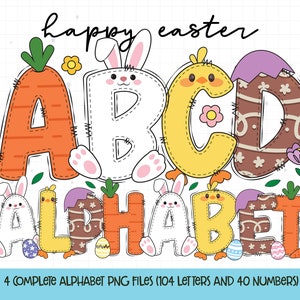 Ostern Alphabet Buchstaben PNG Bundle, Ostern Doodle Alphabet, Osterhase PNG, Ostereier, Frohe Ostern PNG Sublimation Designs