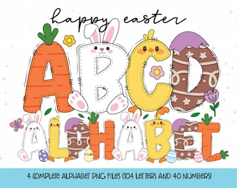 Easter Alphabet Letters PNG Bundle, Easter Doodle Alphabet, Easter Bunny PNG, Easter Eggs, Happy Easter PNG Sublimation Designs