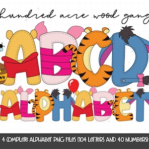 Kinderen alfabet, honderd hectare hout bende alfabet, schattige beer clipart, doodle lettertype PNG, cartoon PNG alfabet, cartoon sublimatie ontwerp