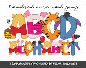 Kids Alphabet, Hundred Acre Wood Gang Alphabet, Cute Bear Clipart, Doodle Font PNG, Cartoon PNG Alphabet, Cartoon Sublimation Design