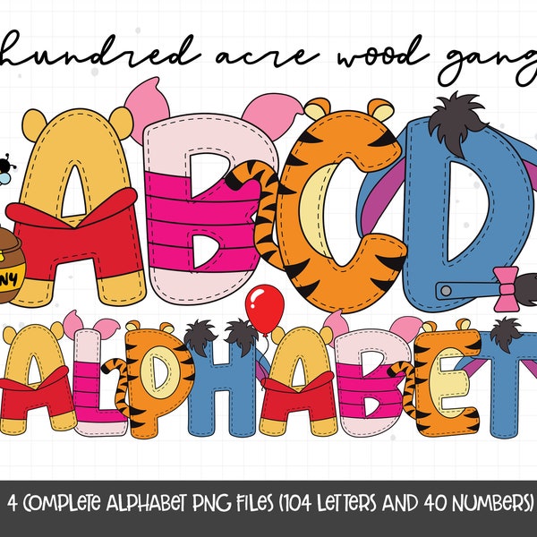 Kids Alphabet, Hundred Acre Wood Gang Alphabet, Cute Bear Clipart, Doodle Font PNG, Cartoon PNG Alphabet, Cartoon Sublimation Design