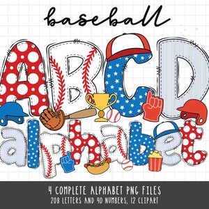 Clipart di baseball, sublimazione PNG di baseball, lettere e numeri dell'alfabeto Doodle di baseball, design dei caratteri PNG a tema baseball, alfabeto di baseball