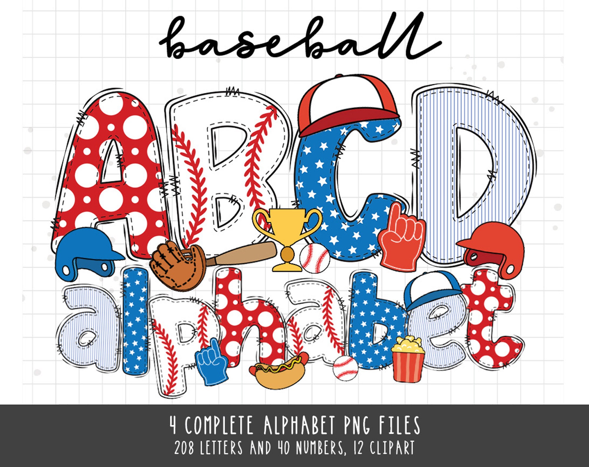 Baseball Clipart, Baseball PNG Sublimation, Baseball Doodle Alphabet Letters & Numbers, Baseball Theme PNG Font Design, Baseball Alphabet