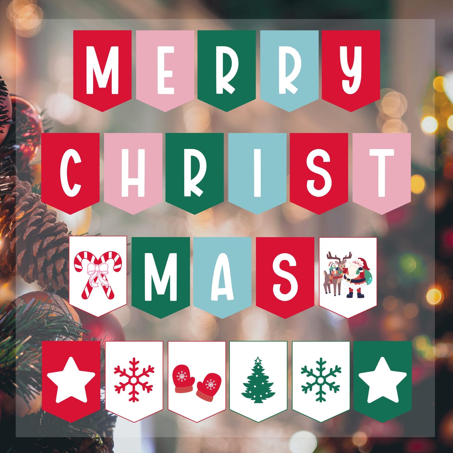 Pink Christmas Banner Printable, Holiday Party Bunting Flags, Festive ...