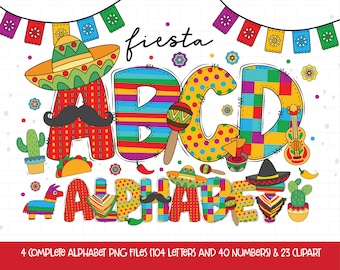 Fiesta Doodle litery, Cinco de Mayo alfabet PNG, Fiesta litery PNG, cyfry i akcesoria, Cinco de Mayo clipart, Fiesta clipart
