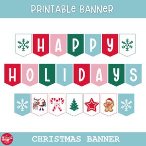 Happy Holidays Banner Printable, DIY Christmas Flags, Holiday Garland, Winter Party Decorations