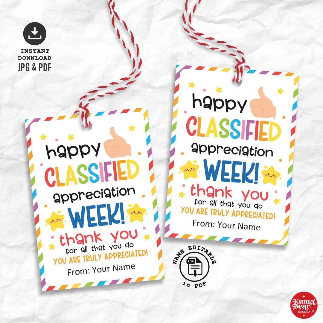Classified Appreciation Gift Tag Printable, Classified School Employee ...