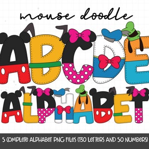 Alphabet de la souris, Mickey Doodle lettres, lettres de l'Alphabet PNG, mignon personnage alphabet PNG sublimation Design, téléchargement numérique