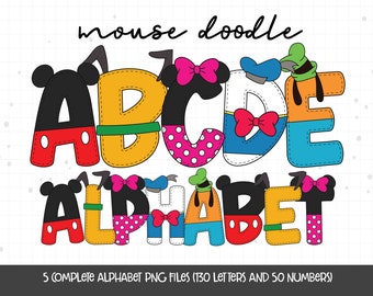 Mouse Alphabet, Mickey Doodle Letters, Alphabet PNG Letters, Cute Character Alphabet PNG Sublimation Design, Digital Download