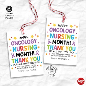 Oncologie verpleegkundigen maand tag afdrukbare, oncologie verpleegkundige cadeaulabel afdrukbare, dank u etiket oncologie verpleging geschenken, verpleegkundige afdrukbare cadeaukaartjes