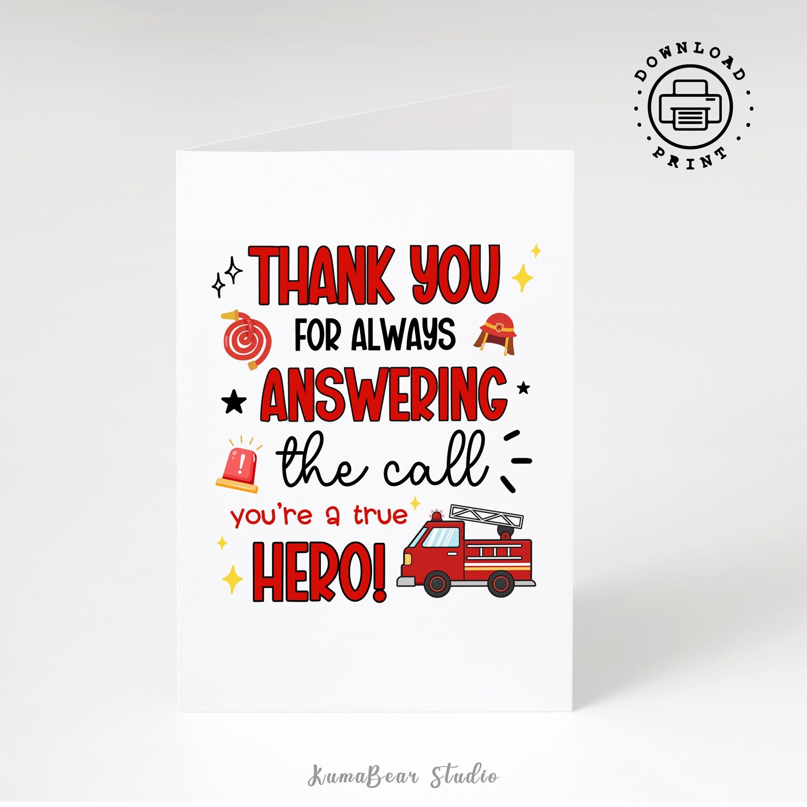 Firefighter Thank You Card Printable Hero Appreciation (PDF Download