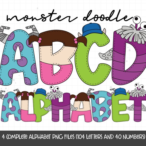 Monster Alphabet, Cute Monster Doodle Letters, Birthday Monster PNG Letters, Little Monster PNG Sublimation Design, Digital Download