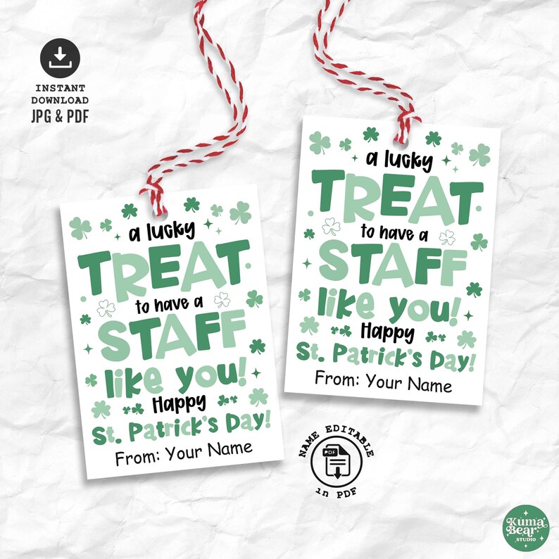 St Patricks Day Staff Gift Tag Printable, Lucky Shamrock Team Employee ...