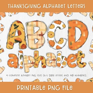 Thanksgiving Alphabet PNG Bundle, Thanksgiving Font PNG Clipart, Fall Doodle Letters png, Fall Harvest Doodle Hand Drawn Letters & Numbers