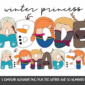Letras de Doodle de Princesa de Inverno, Sublimação PNG do Alfabeto de Princesa, Clipart de Boneco de Neve, Sublimação de Meninas, Sublimação de Inverno, Princesa PNG