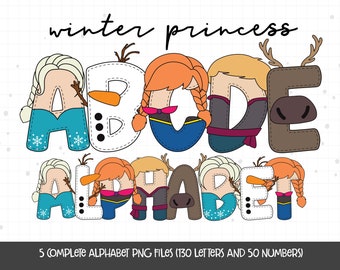 Winter Princess Doodle Letters, Princess Alphabet PNG Sublimation, Snowman Clipart, Girls Sublimation, Winter Sublimation, Princess PNG