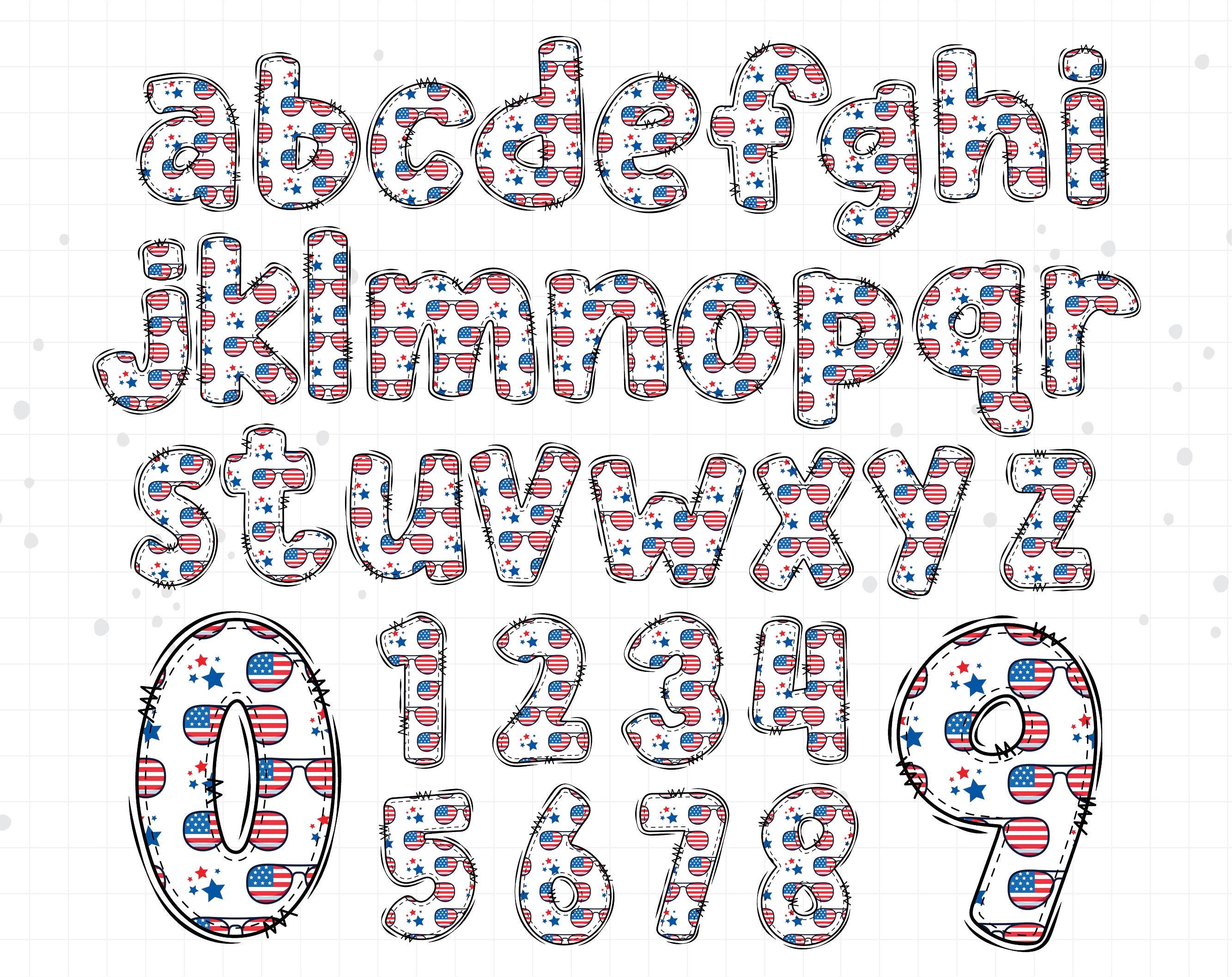 Patriotic Doodle Alphabet PNG Bundle: 4th of July Letters & Numbers ...