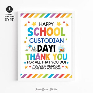 School Custodian Day Schild zum Ausdrucken - Dankeschön-Poster für die Dekoration des Schulhüters und die Anerkennung des Personals, PDF JPG