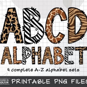 Alfabeto con animali da safari in formato PNG a sublimazione, lettere dell&#39;alfabeto con stampa di animali in formato PNG, alfabeto leopardato, lettera del ghepardo in formato PNG clipart