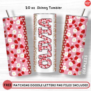 Emballage de gobelet aux fraises, ajoutez votre propre nom, sublimation de gobelet maigre aux fraises 20 oz, sublimation de lettres PNG de griffonnage aux fraises