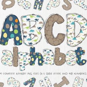 Pacote de letras do alfabeto de dinossauro, arquivos PNG do alfabeto de dinossauro, Doodle de dinossauro desenhado à mão letras e números sublimação clipart