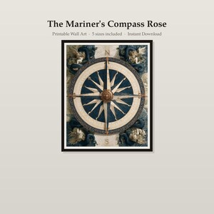 Può includere: Una stampa d'arte da parete incorniciata intitolata The Mariner's Compass Rose, che presenta una rosa dei venti nautica centrale nei toni del blu e del crema, circondata da quattro illustrazioni angolari di creature marine su sfondo cartografico.