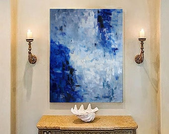 large abstract canvas art, blue painting on canvas, modern abstract art paintings, contemporary wall art, oversized canvas art abstractEM195