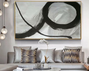 extra large wall art, black and white abstract painting, large acrylic painting on canvas, large canvas art, modern abstract art EM54