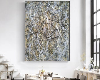 extra large wall art, grey abstract painting, Jackson Pollock style painting, modern abstract artwork, original abstract canvas art EM921