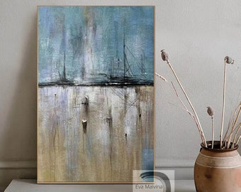 キャンバスに描かれた抽象的な青い風景画（正方形）オリジナルのモダン