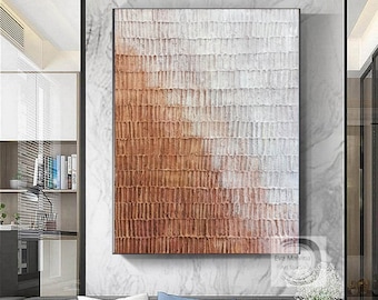 Pintura abstracta original – Lienzo texturizado hecho a mano en marrón y blanco – Arte mural moderno y minimalista para interiores neutros EM08