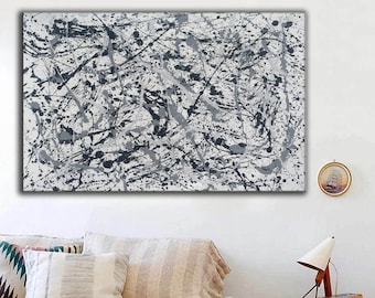 extra large painting on canvas, black and white wall art on canvas, splatter painting canvas, modern abstract art, original canvas art EM764