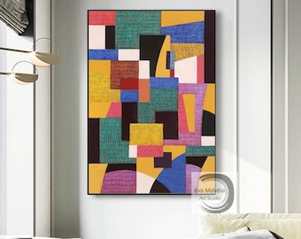 Original Handmade Abstract Geometric Painting – Colorful Textured Wall Art with Yellow, Blue, and Red Blocks for Modern Home Decor E76