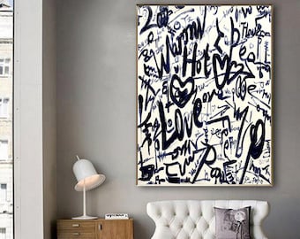 black and white painting on canvas original wall art painting handmade painting grafitti wall art contemporary art large canvas art W209