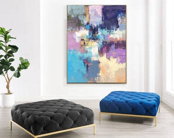 extra large wall art abstract, colorful painting on canvas, original oil painting abstract, large abstract canvas art, purple painting E8