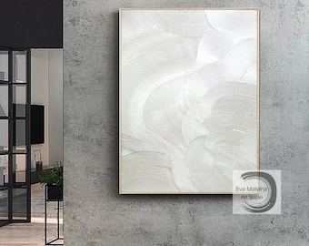 Texturerad vit abstrakt målning – Minimalistisk väggkonst på canvas, neutralt vågigt konstverk E74