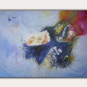 May include: Abstract painting with a blue, green, white, yellow, orange, and pink color scheme. The painting has a textured, layered look with drips of paint.