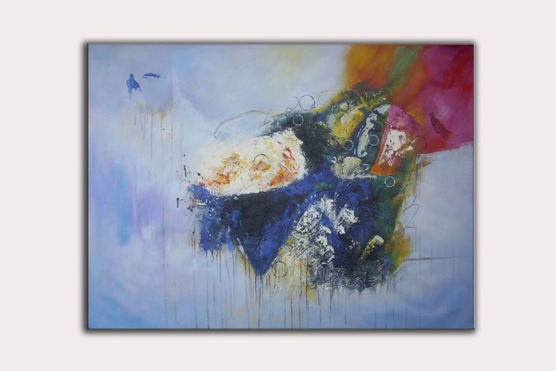May include: Abstract painting with a blue, green, white, yellow, orange, and pink color scheme. The painting has a textured, layered look with drips of paint.