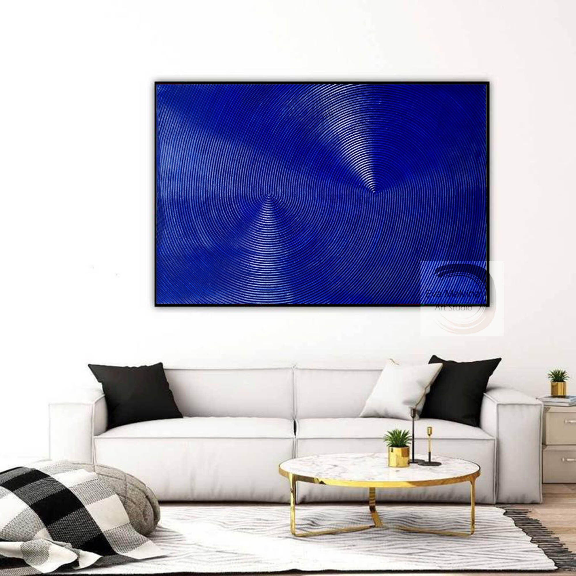 キャンバスに描かれた青い絵画、特大の抽象画、オリジナルの現代抽象画