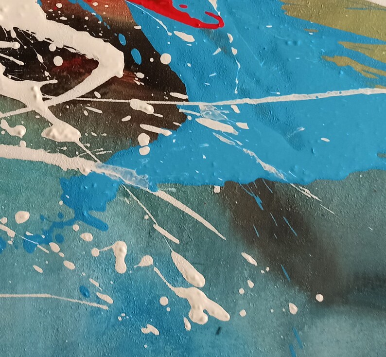 May include: Abstract painting with splashes of white, blue, and red paint on a textured canvas.